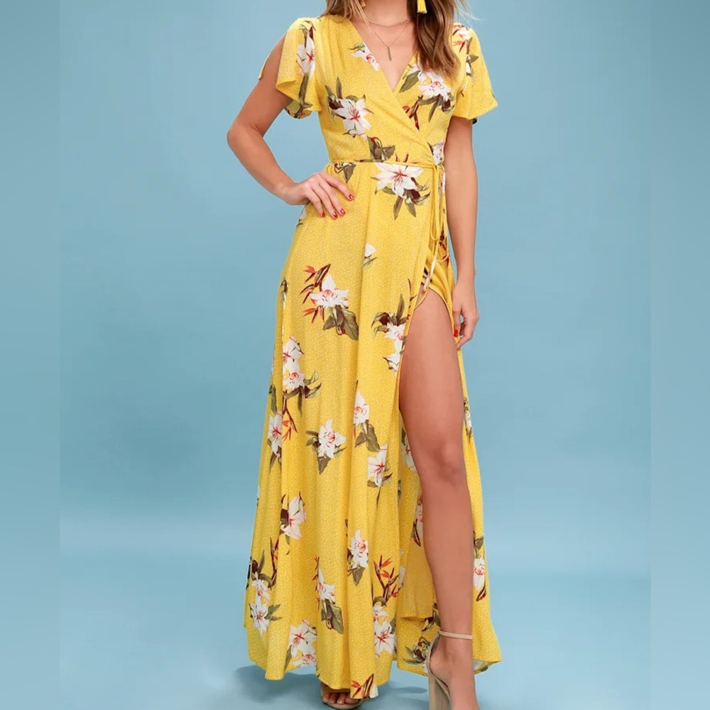 Lulus Floral Yellow Maxi Wrap Dress